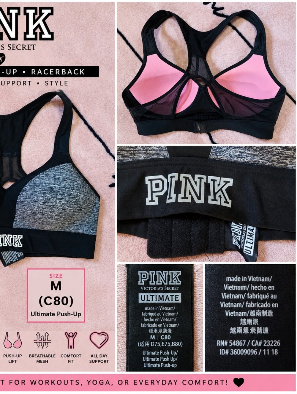 PINK by Victoria's Secret Ultimate Push-Up Racerback Sports Bra in Black & Gray - Picture 2 of 2
